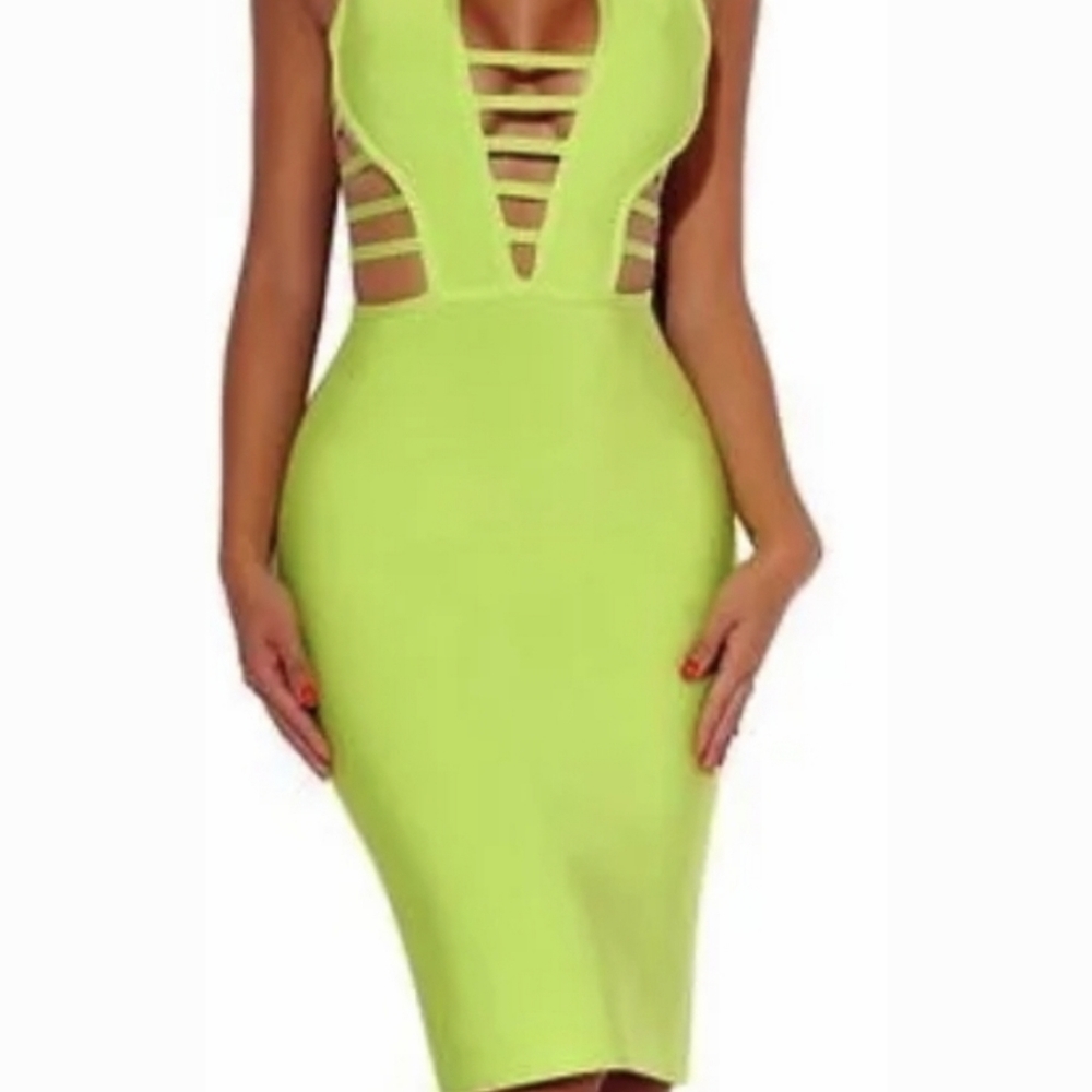 Limegreen XS bodycon dress with side cutouts. Deep V neckline. Brand MissCircle